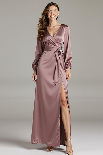Robe formelle vintage en satin à manches longues à col en V mauve avec fente